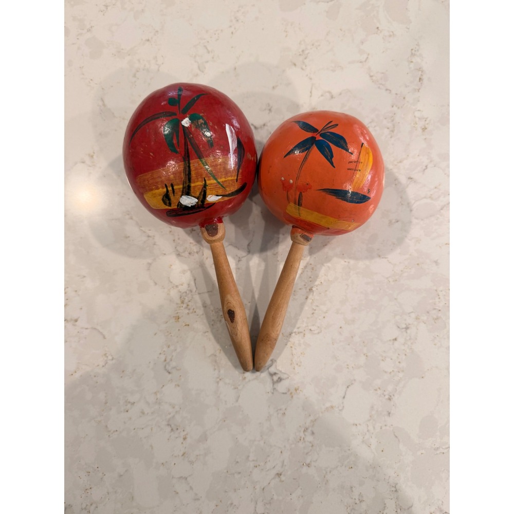 Vintage Handmade Maracas Set Hand Painted Palm Tree Tropical Gourd Shakers Red